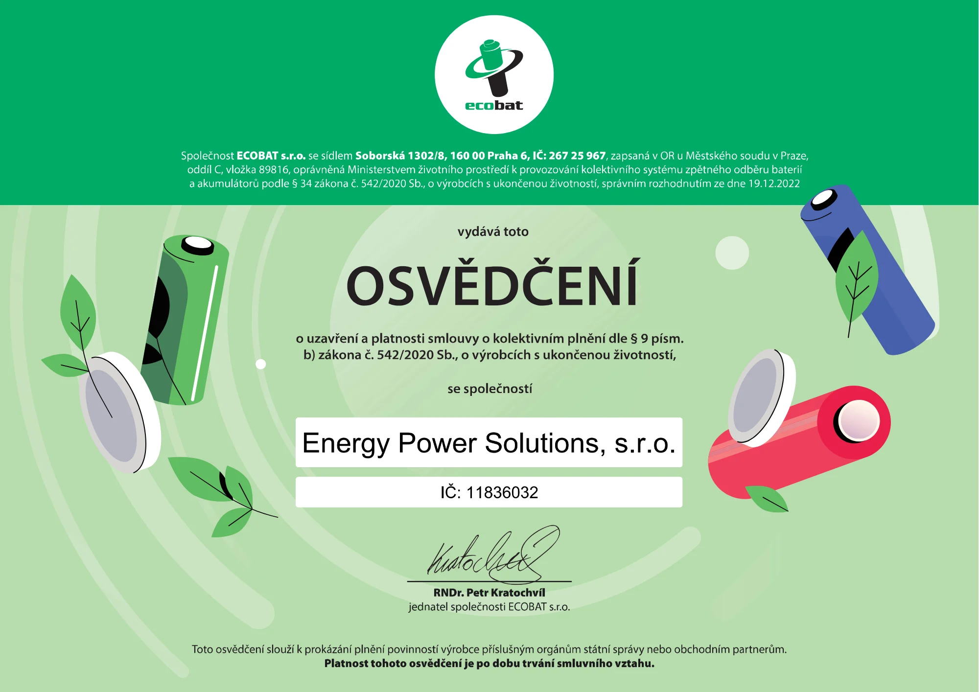 Certifikát ECOBAT potvrzující ekologické nakládání s bateriemi