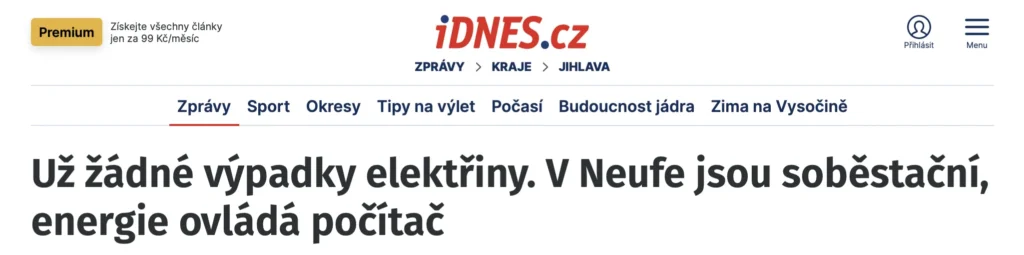 Screenshot článku iDNES.cz o energetické soběstačnosti společnosti NEUFE